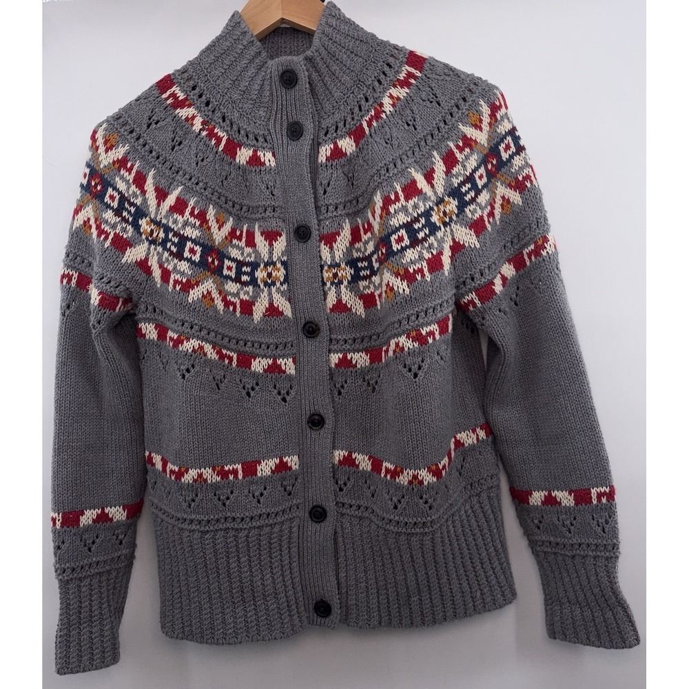 LL Bean Signature 100% Cotton Fisherman Fair Isle Cardigan Sweater Nordic Thick - Picture 2 of 7